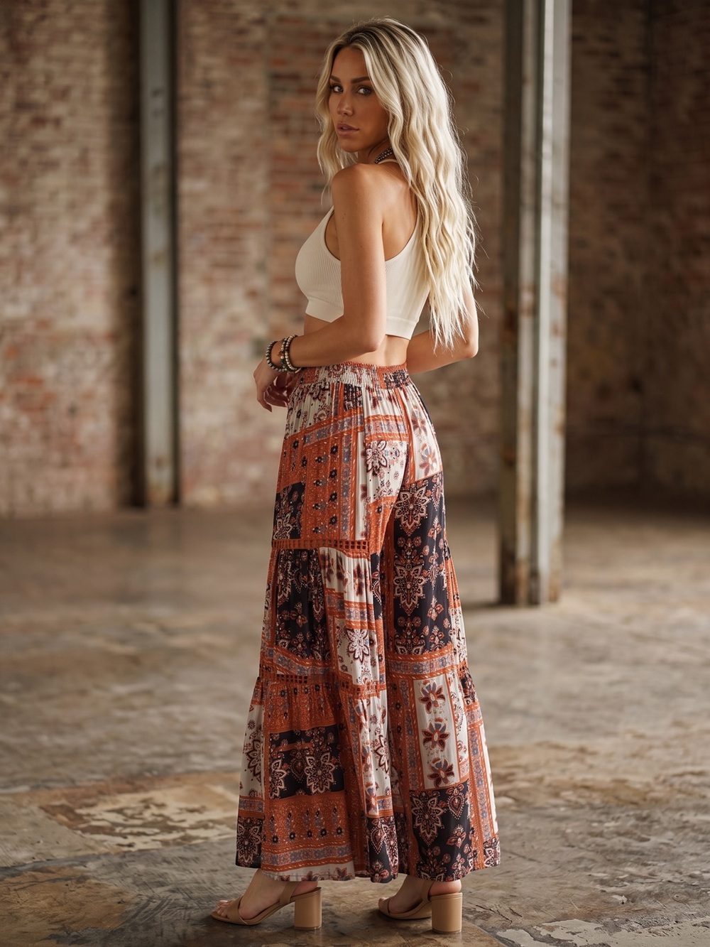 NWT Angie Boho Festival Floral Print Crochet Wide Leg Pants - Picture 6 of 6